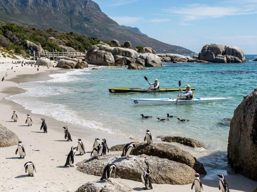 Paddlers on calm water beside African penguins and granite boulders at Boulders Beach